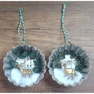 Handmade Tart Tin Christmas Ornaments Set Of 2 Gold Deer Snow Music Glitter 05